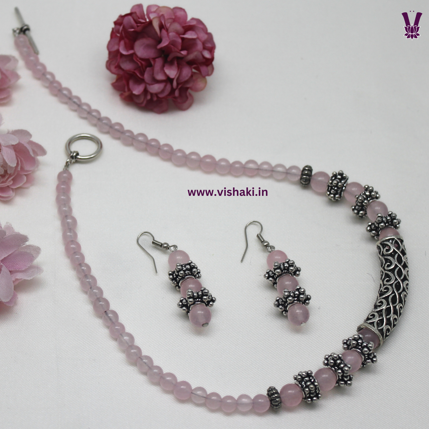 Mrudhvi Pastel Pink Agate Short Necklace Set