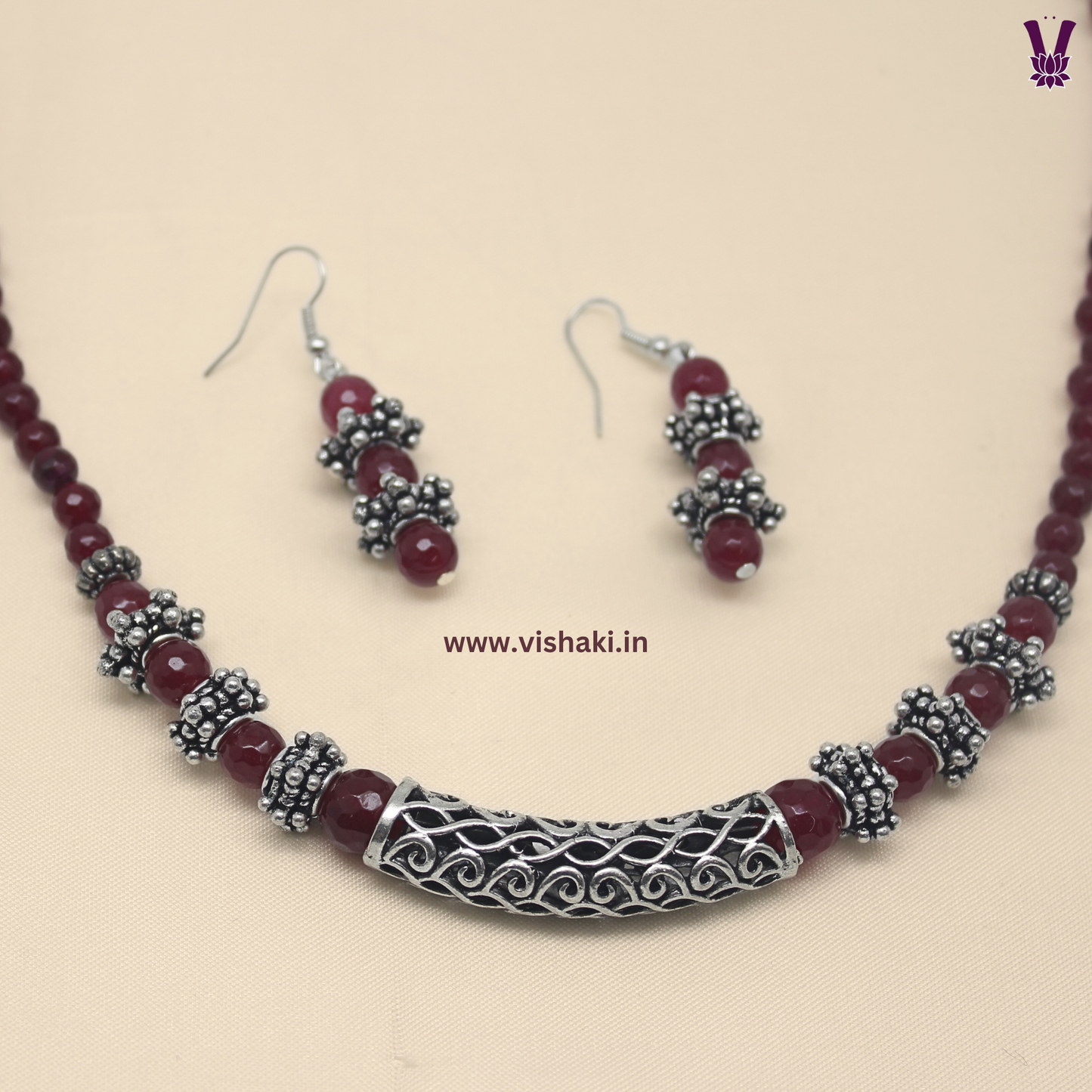 Mrudhvi Ruby Color Agate Short Necklace Set
