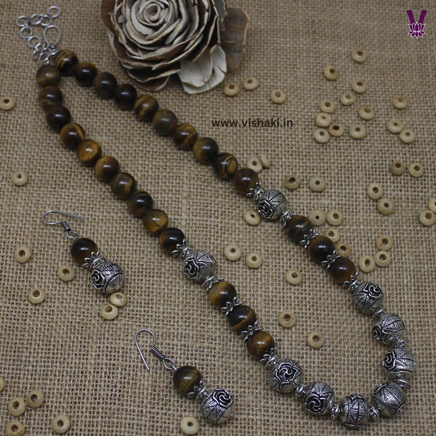 Mrudhvi Tiger Eye Beads Short Necklace Set