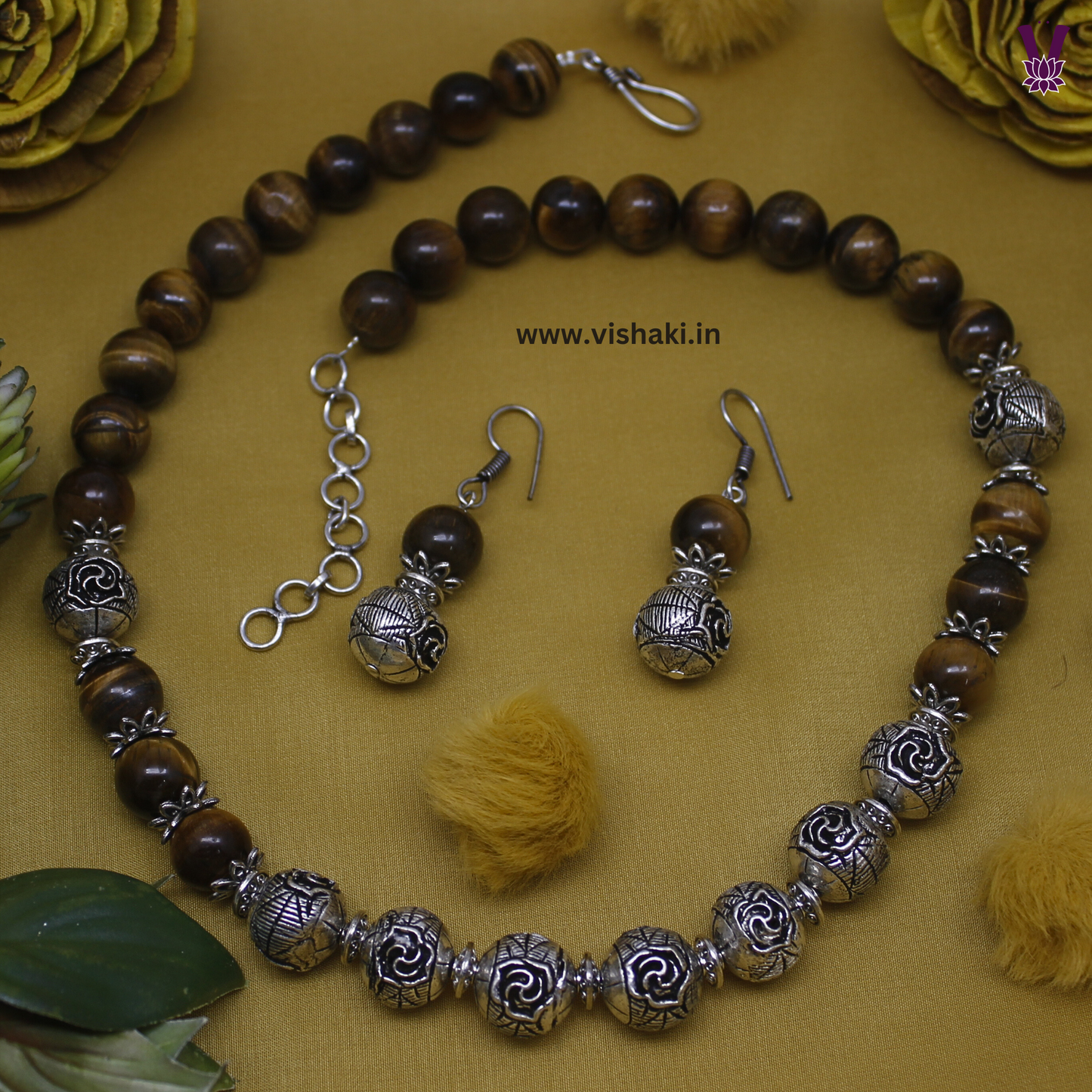 Mrudhvi Tiger Eye Beads Short Necklace Set