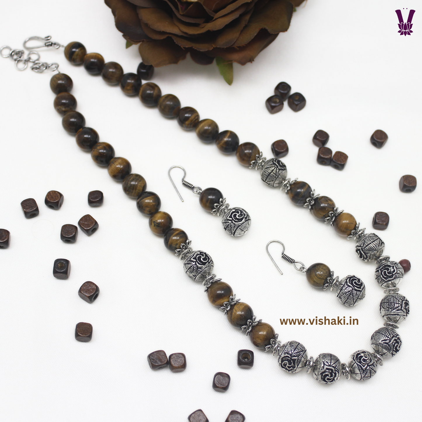 Mrudhvi Tiger Eye Beads Short Necklace Set