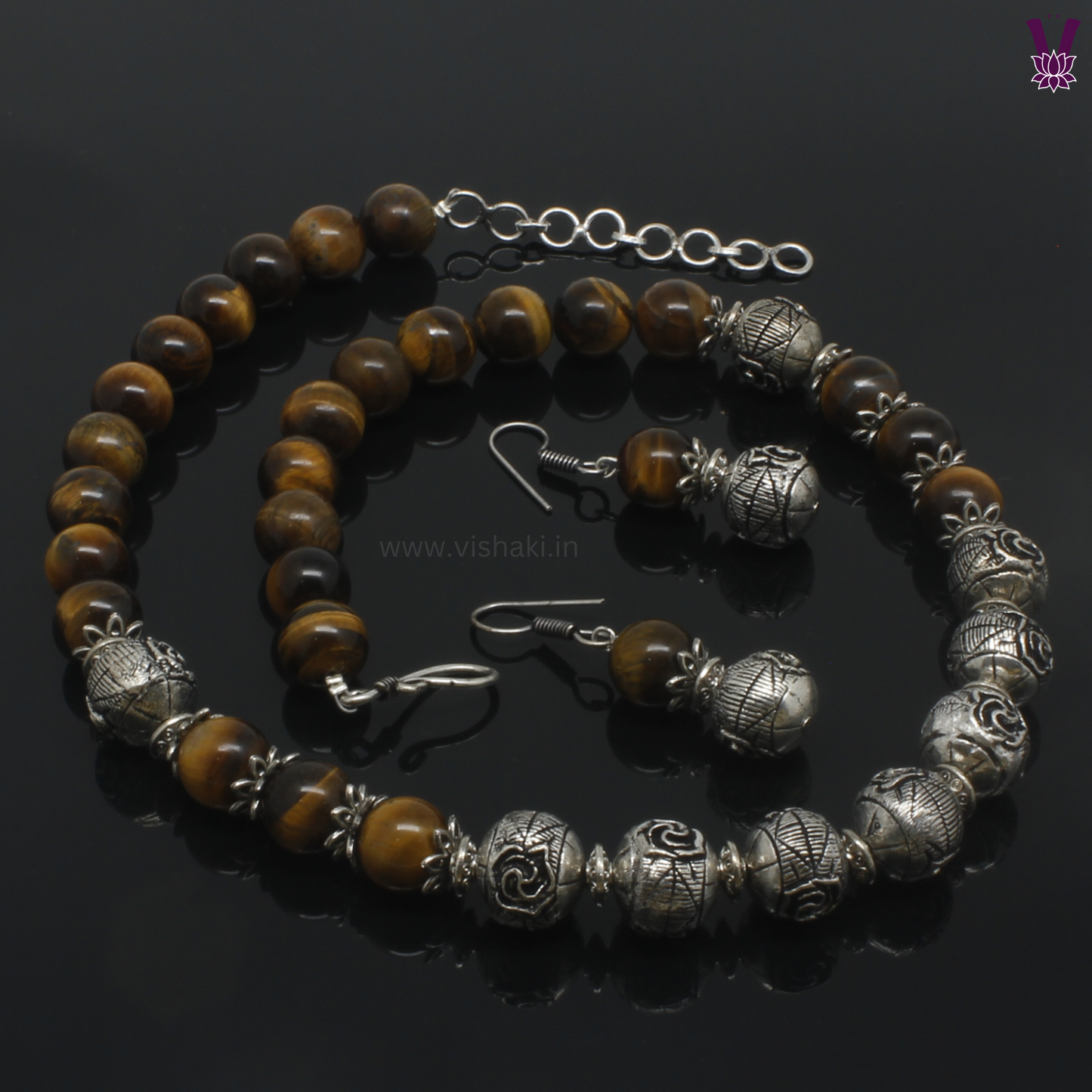 Mrudhvi Tiger Eye Beads Short Necklace Set