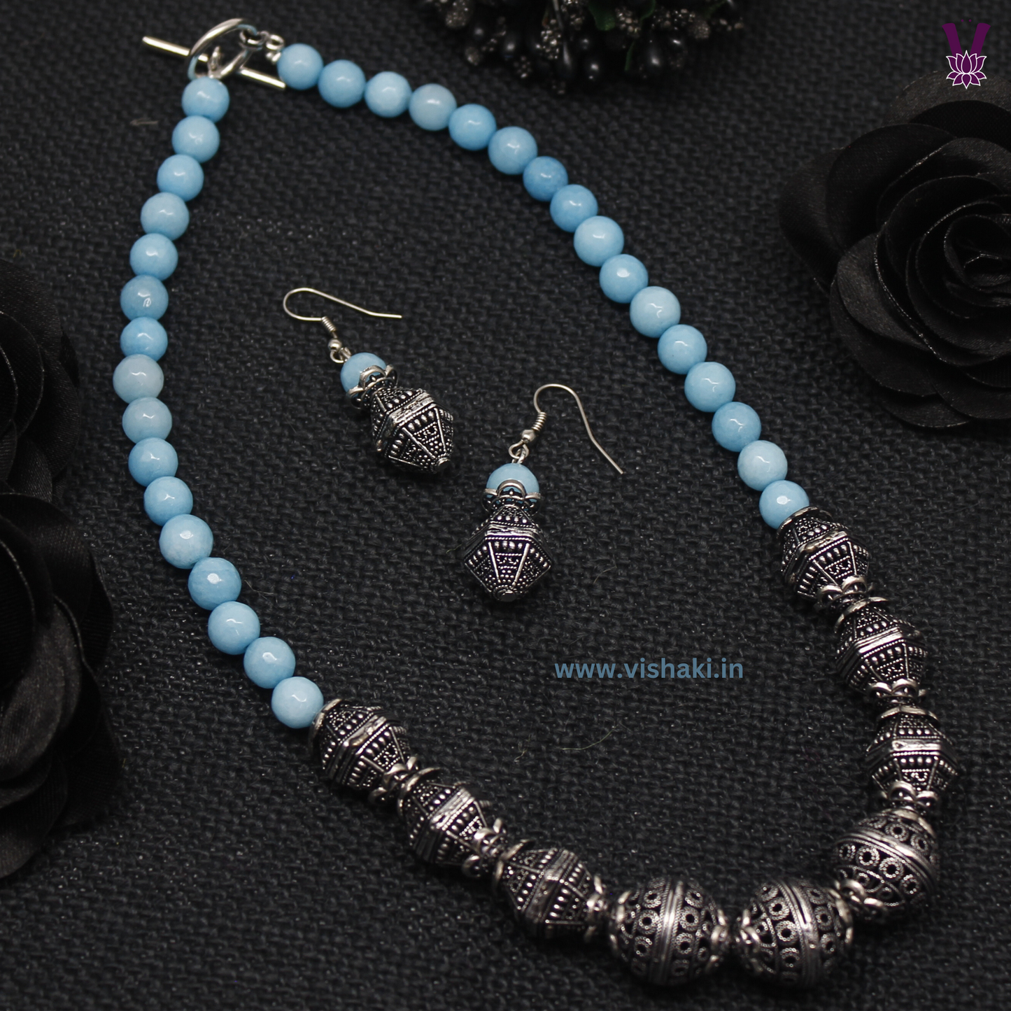Mrudhvi Sky Blue Agate Short Necklace Set