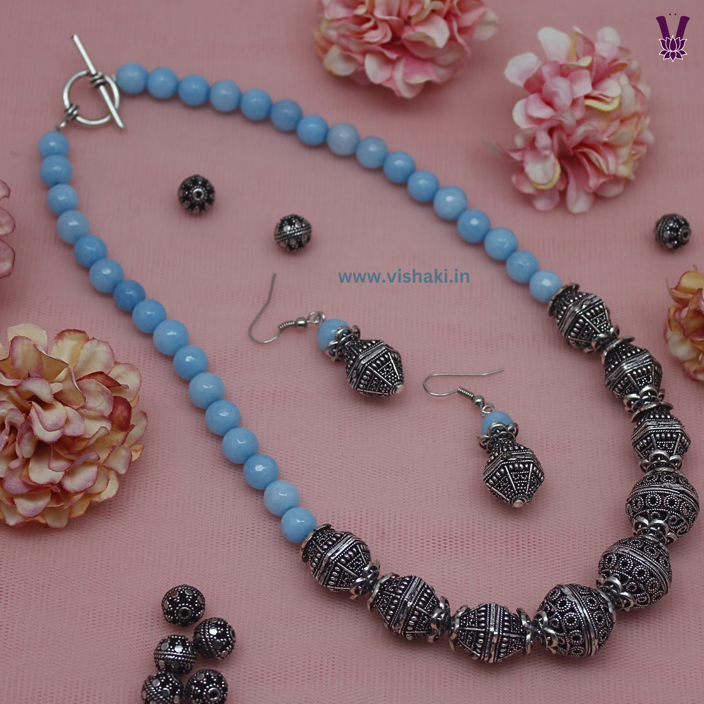 Mrudhvi Sky Blue Agate Short Necklace Set