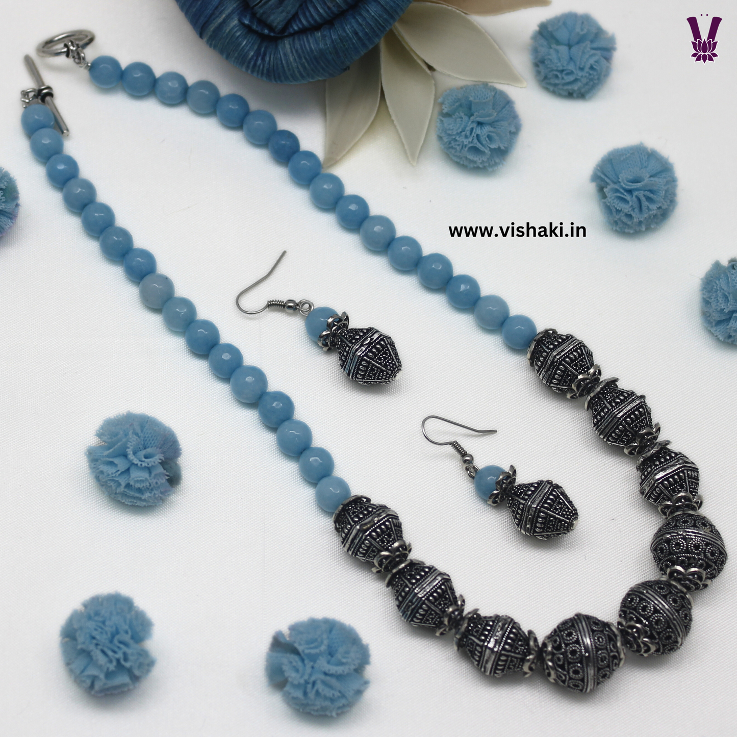 Mrudhvi Sky Blue Agate Short Necklace Set