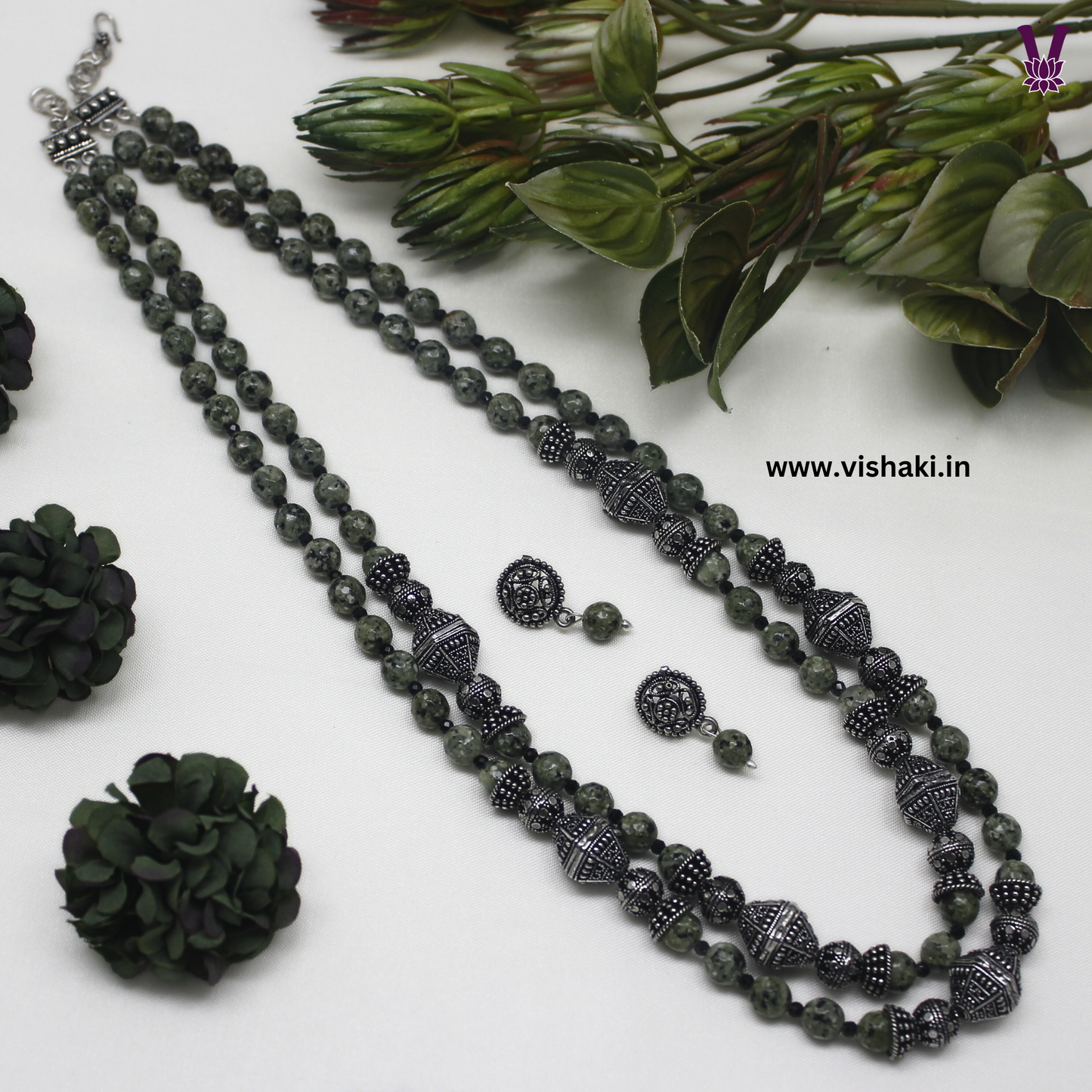 Mrudhvi Green Agate Double Layered Long Necklace Set