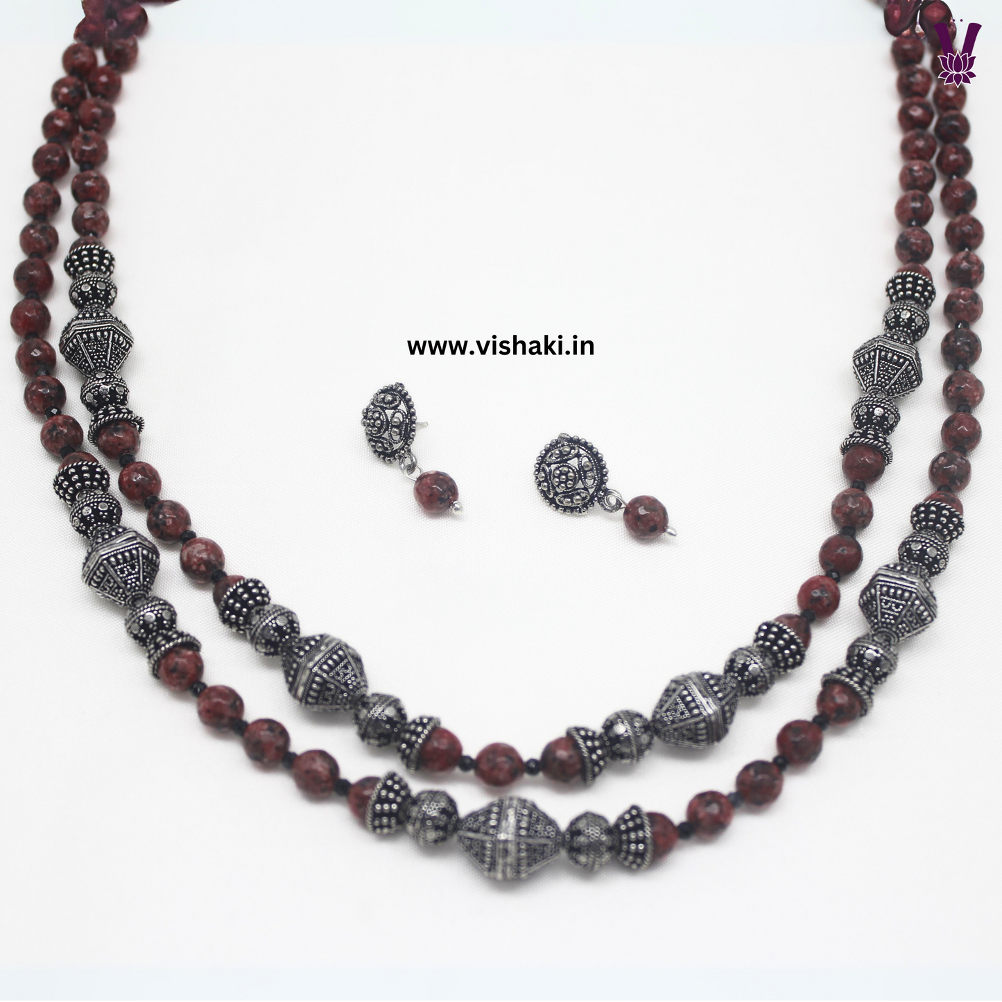 Mrudhvi Maroon Agate Double Layered Long Necklace Set