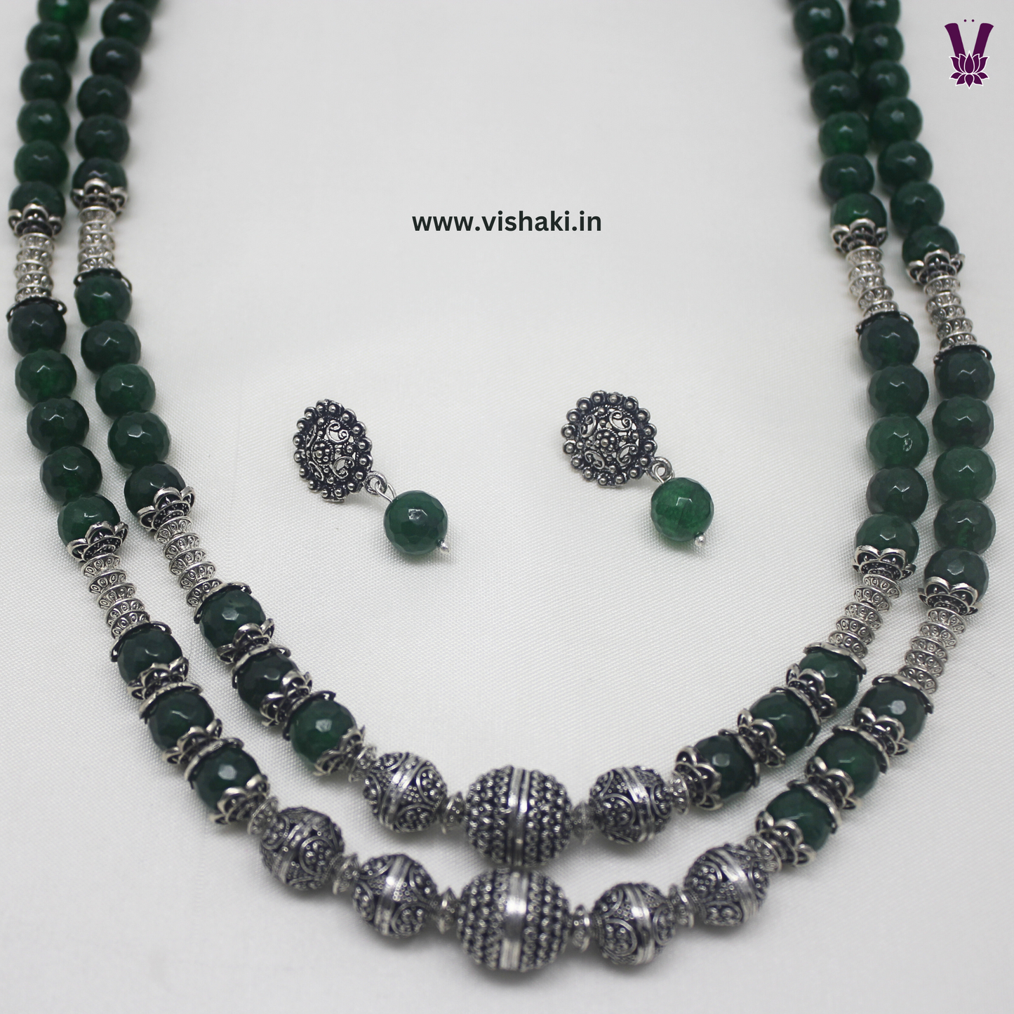 Mrudhvi Green Agate Double Layered Long Necklace Set
