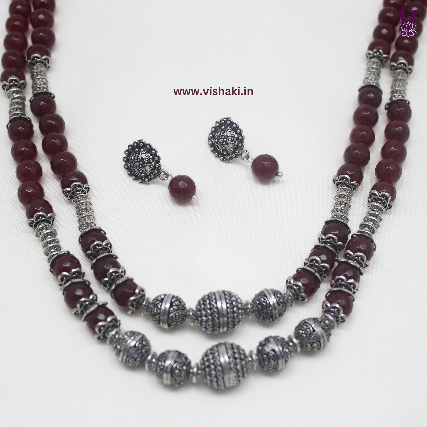 Mrudhvi Ruby Agate Double Layered Long Necklace Set