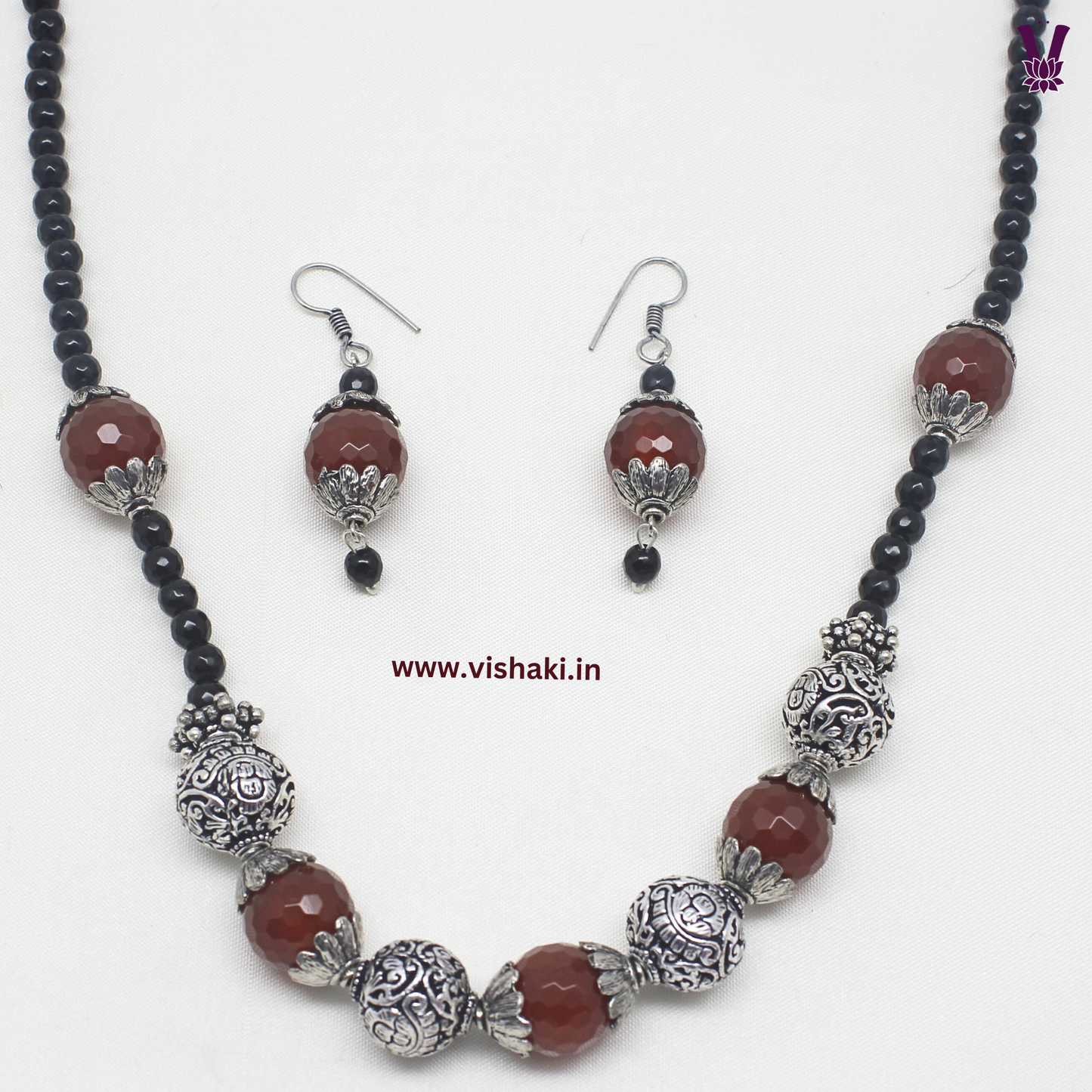 Mrudhvi Black and Maroon Agate Long Necklace Set