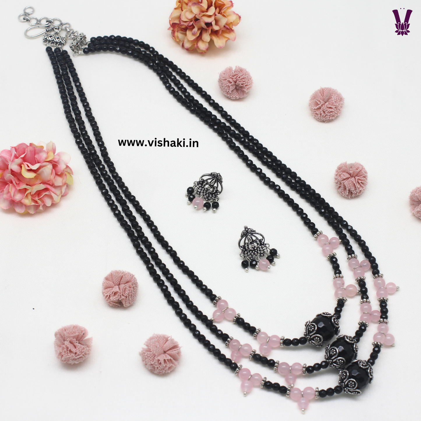 Mrudhvi Black and Pink Agate 3 Layered Long Necklace Set