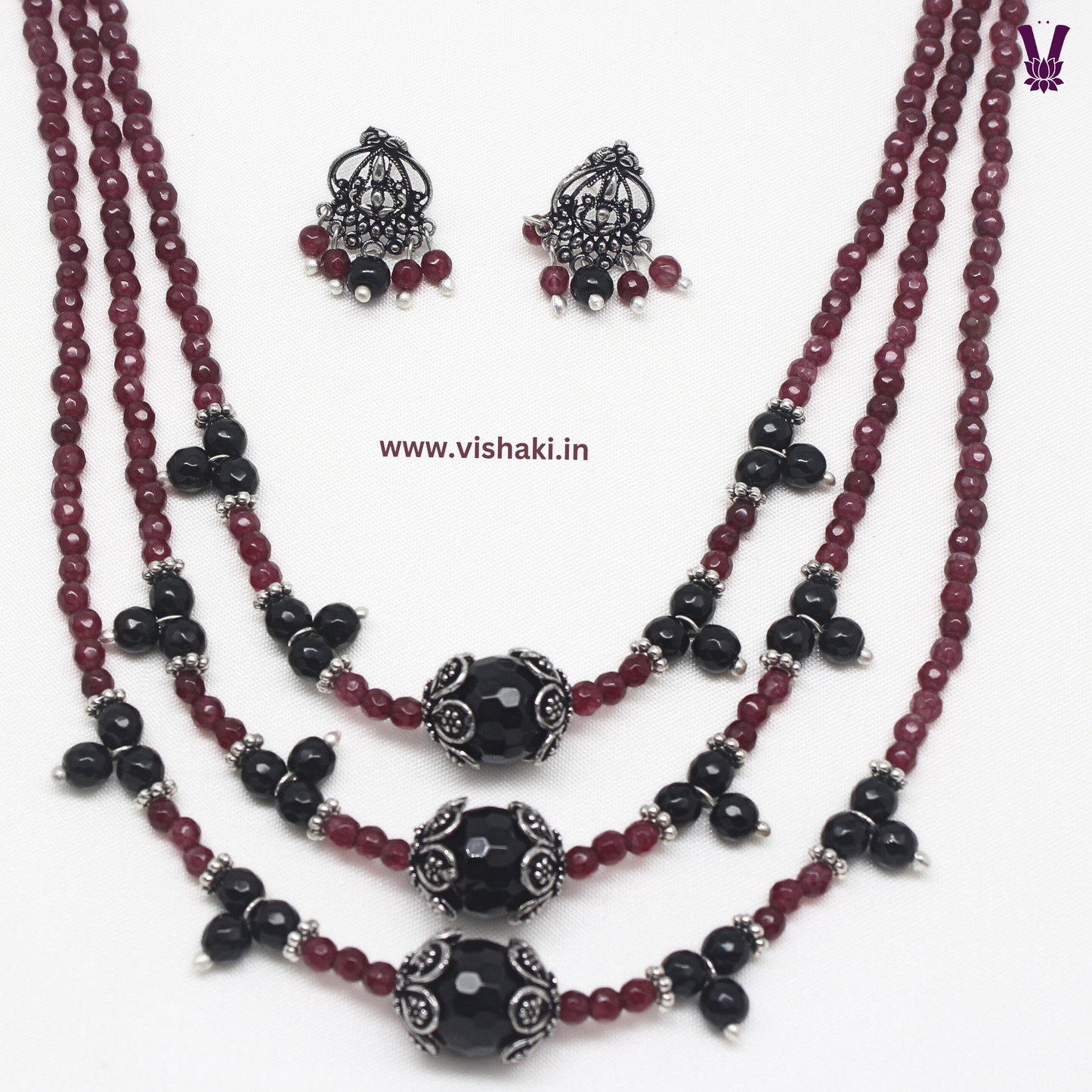 Mrudhvi Ruby and Black Agate 3 Layered Long Necklace Set