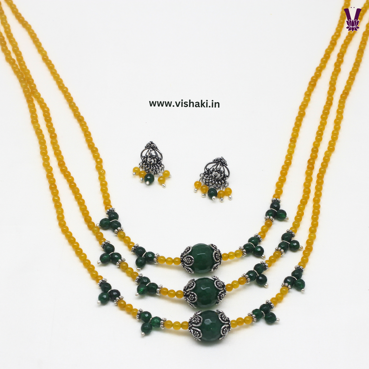 Mrudhvi Yellow and Green Agate 3 Layered Long Necklace Set