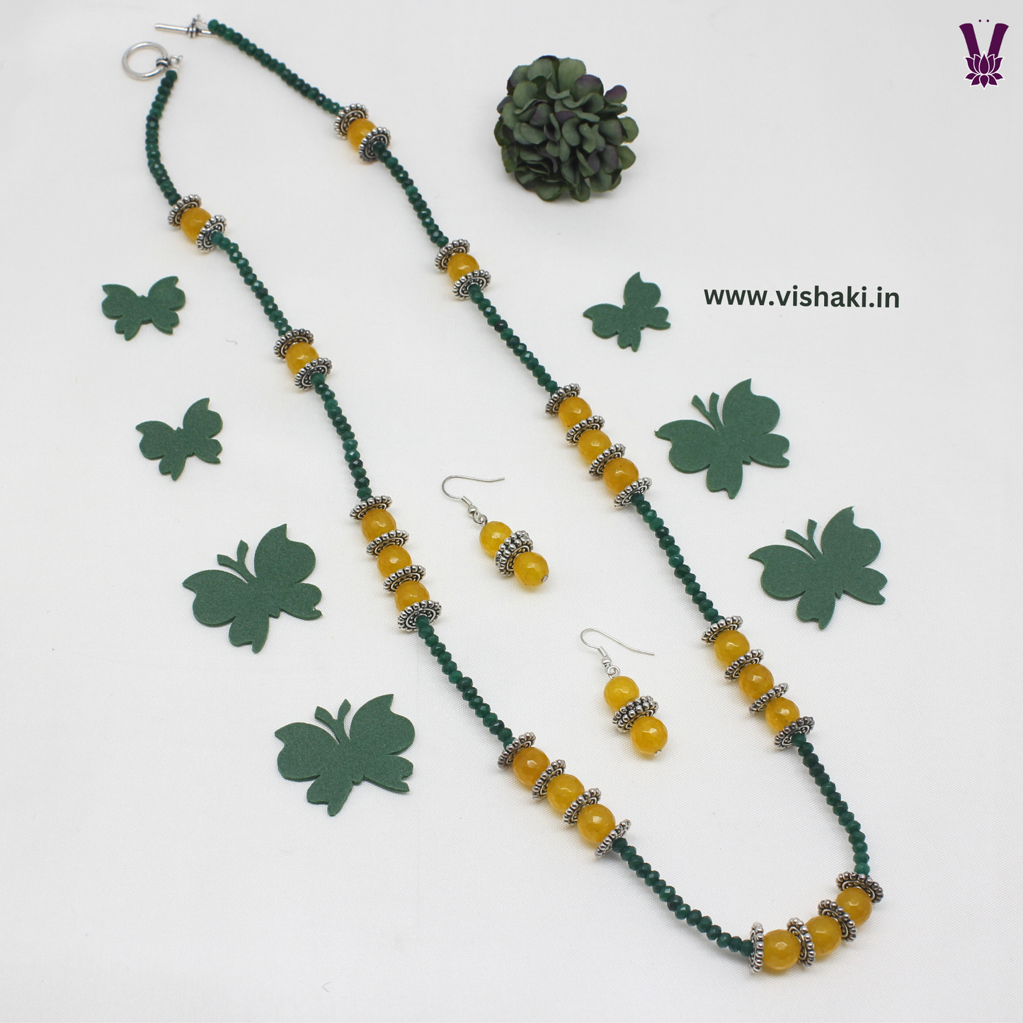 Mrudhvi Green and Yellow Agate Long Necklace Set