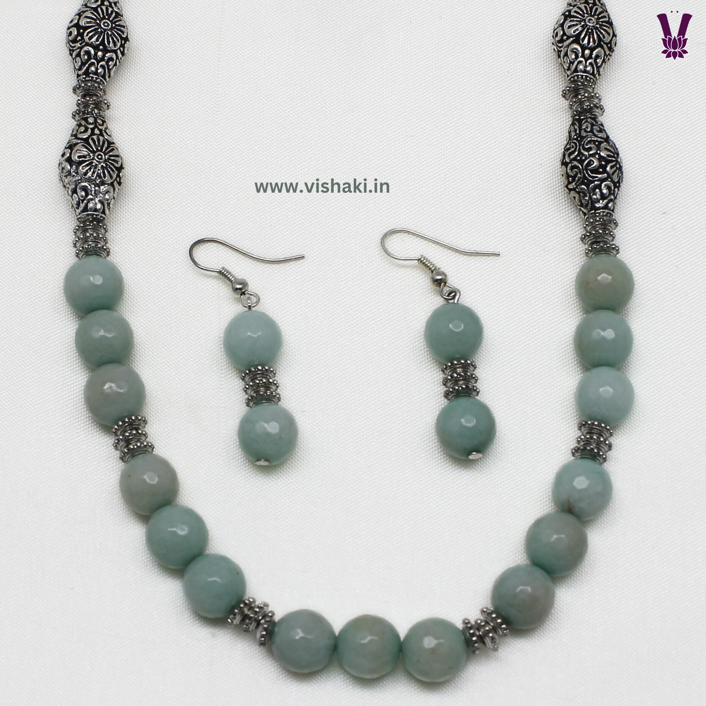 Mrudhvi Sea Green Agate Long Necklace Set