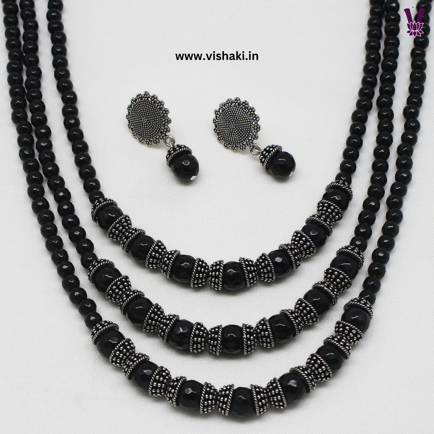 Mrudhvi Black Agate 3 Layered Long Necklace Set
