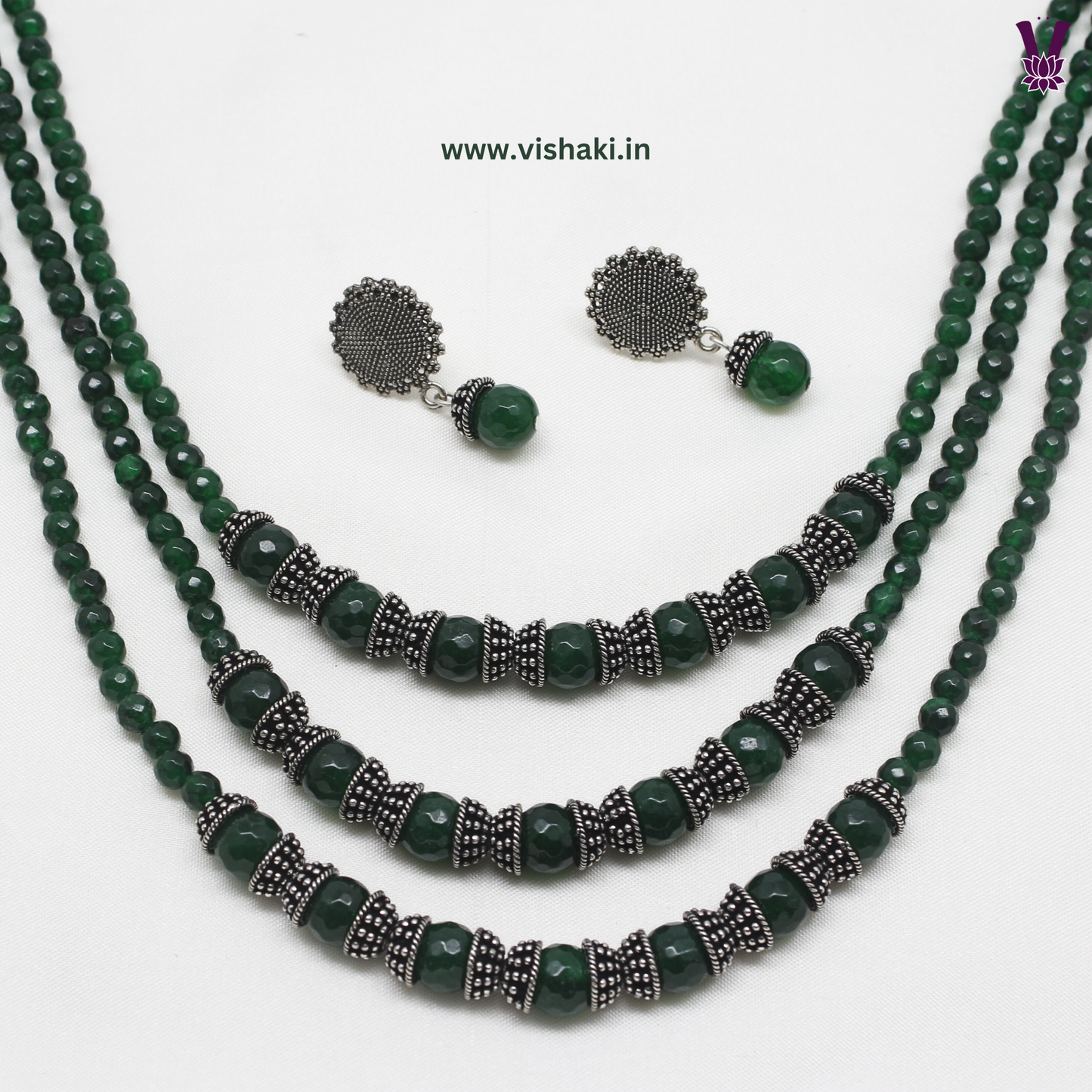 Mrudhvi Green Agate 3 Layered Long Necklace Set