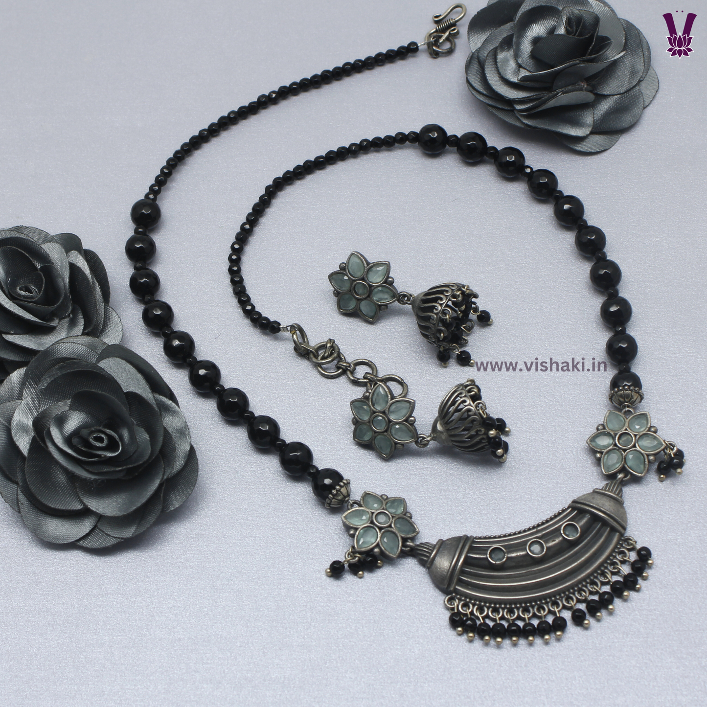 Mrudhvi Black and Light Blue Agate Long Necklace Set