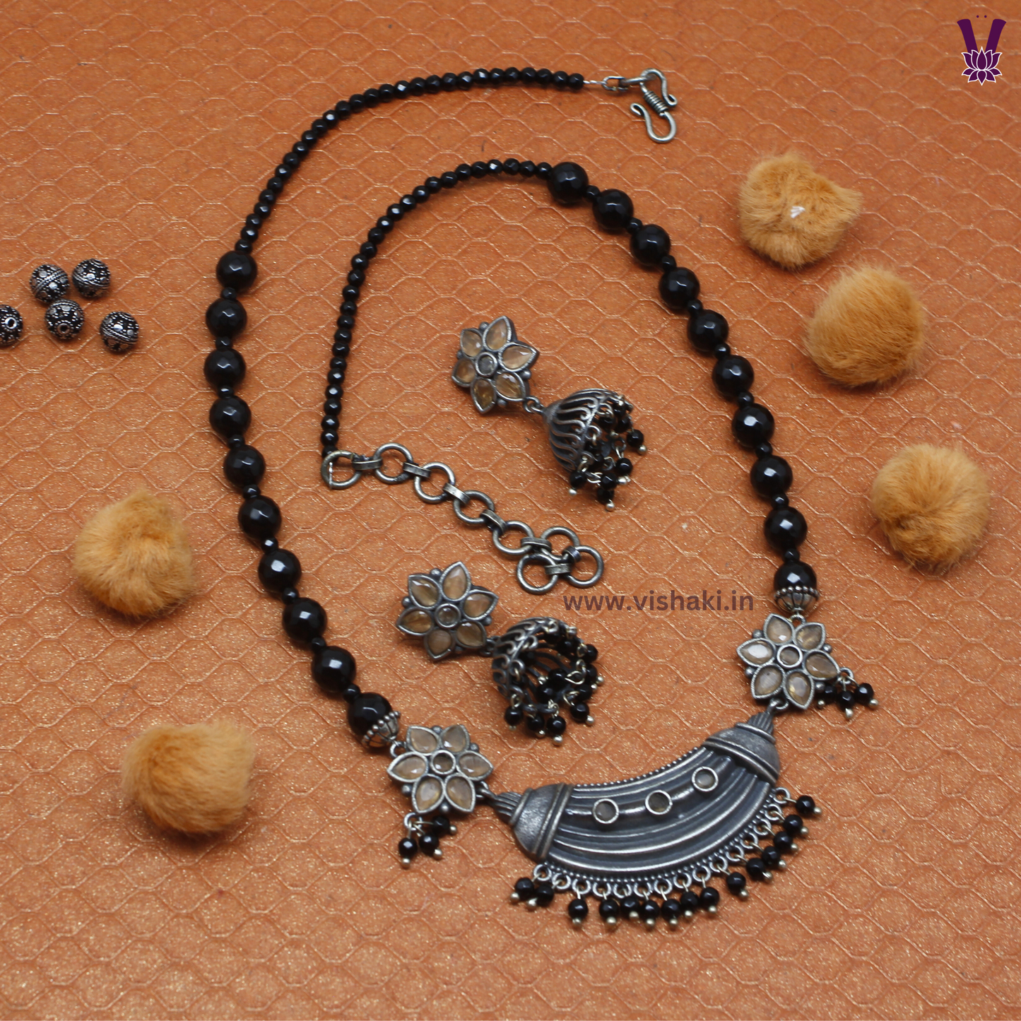 Mrudhvi Black and Brown Agate Long Necklace Set