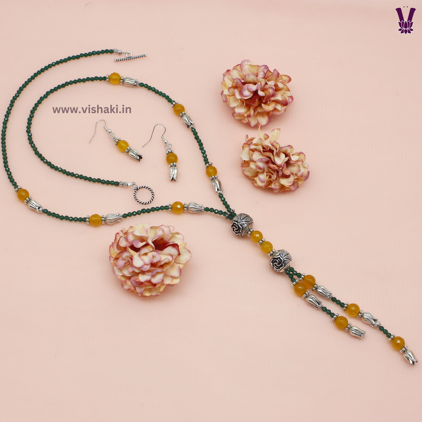 Mrudhvi Green and Yellow Agate Long Necklace Set