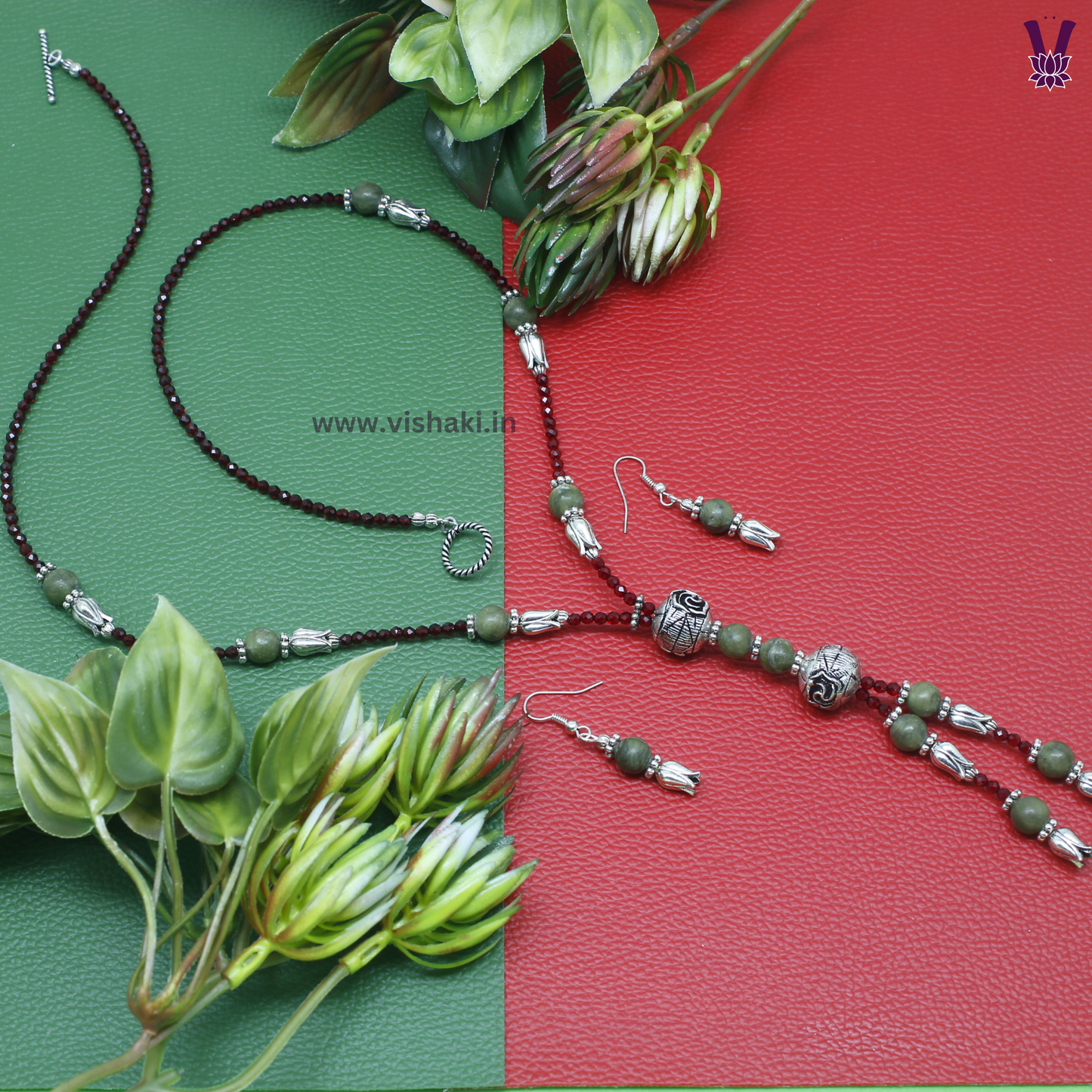 Mrudhvi Maroon and Green Agate Long Necklace Set