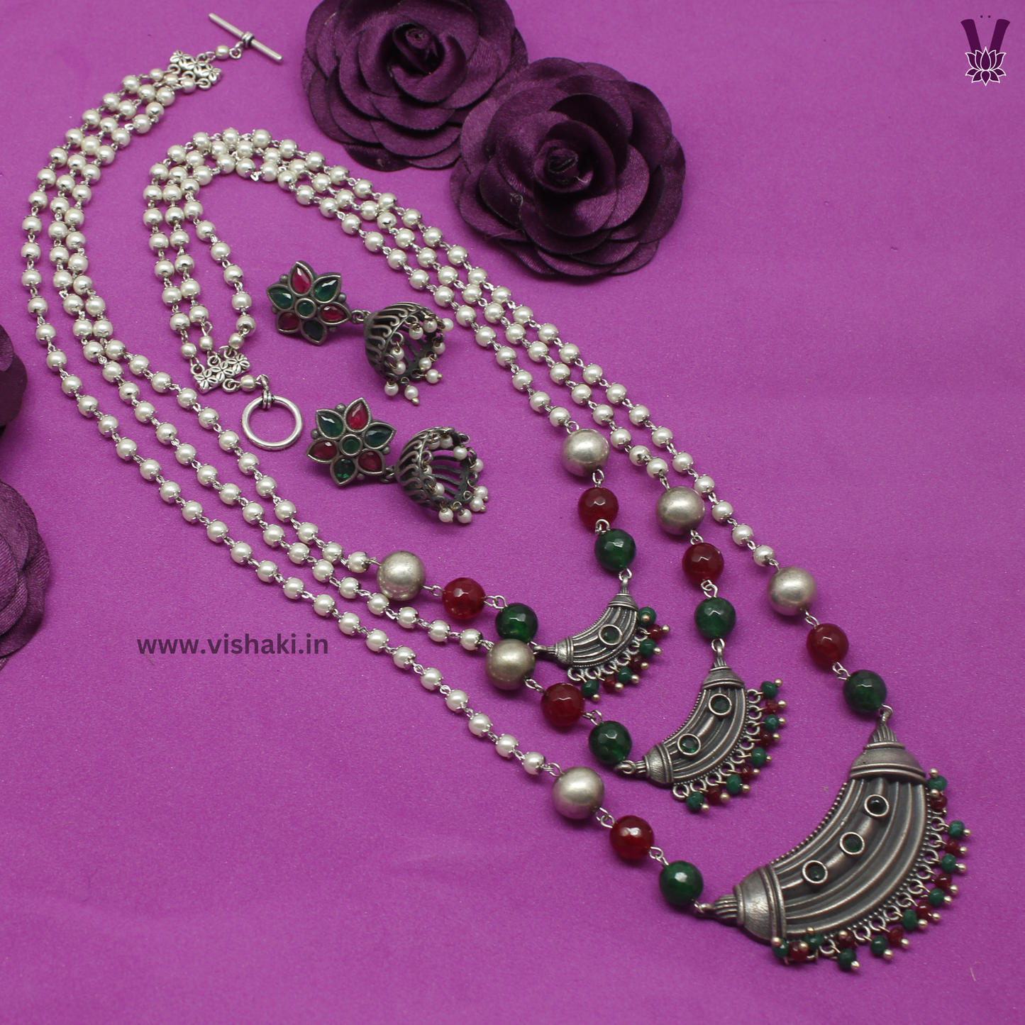 Mrudhvi Pearl-Ruby-Green Agate Long Necklace Set