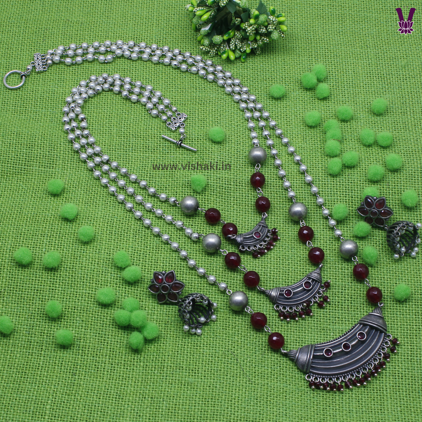 Mrudhvi Pearl and Ruby Agate Long Necklace Set