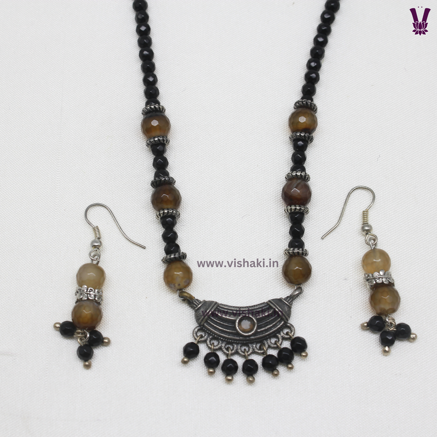Mrudhvi Black and Brown Agate Choker Necklace Set