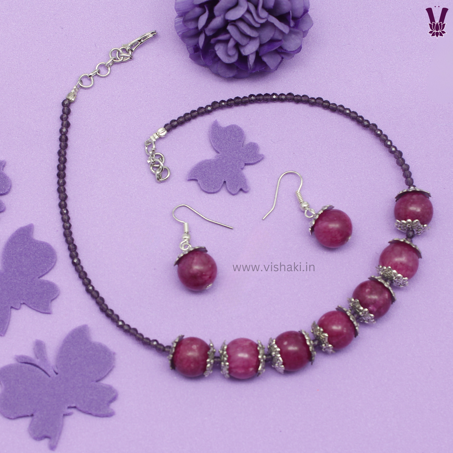 Mrudhvi Purple and Pink Agate Choker Necklace Set