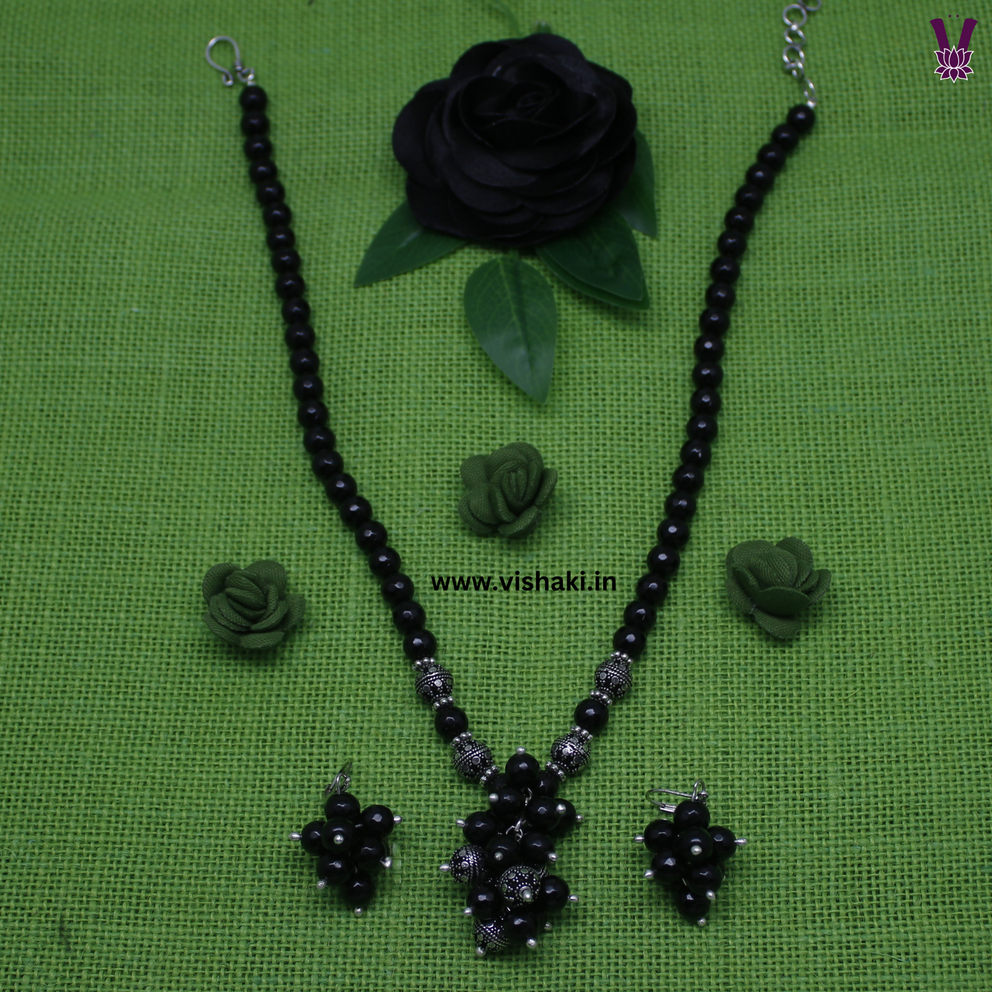 Mrudhvi Black Agate Short Necklace Set