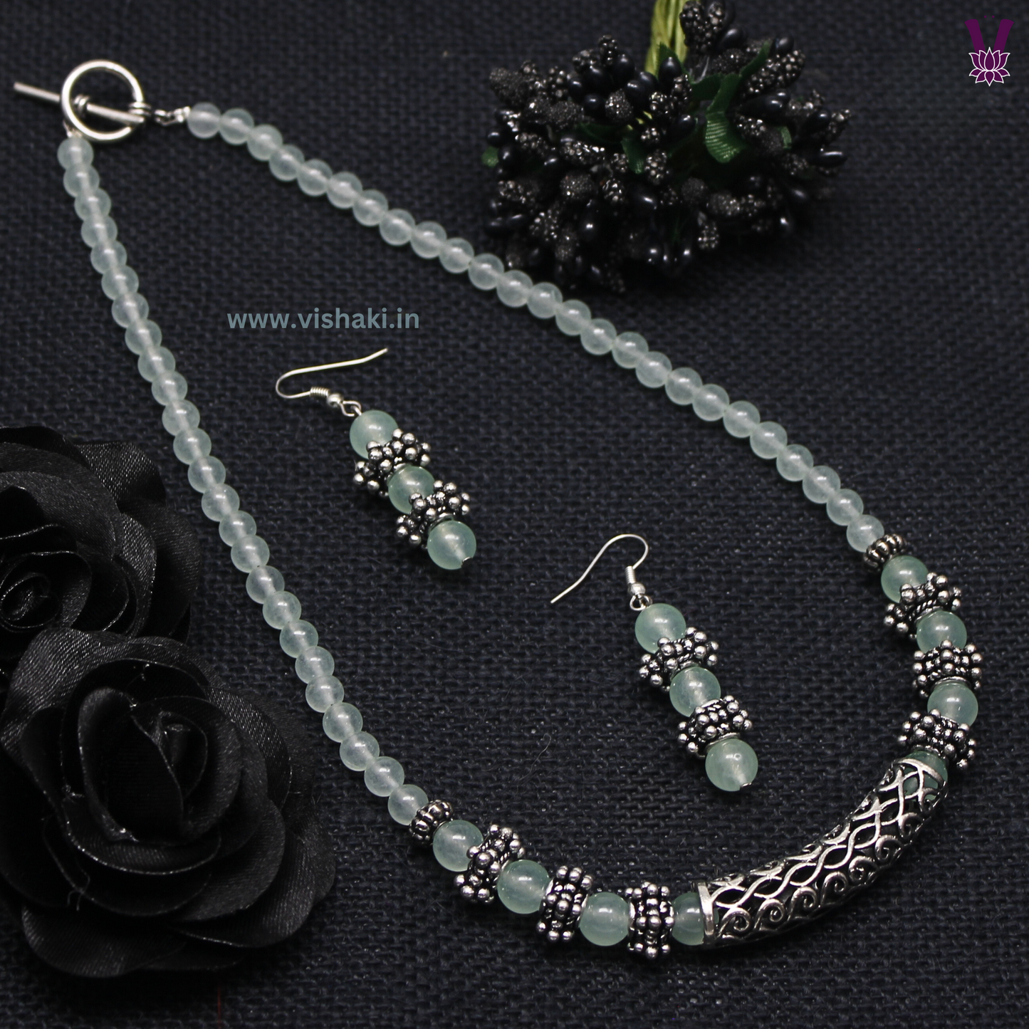 Mrudhvi Pastel Green Agate Short Necklace Set