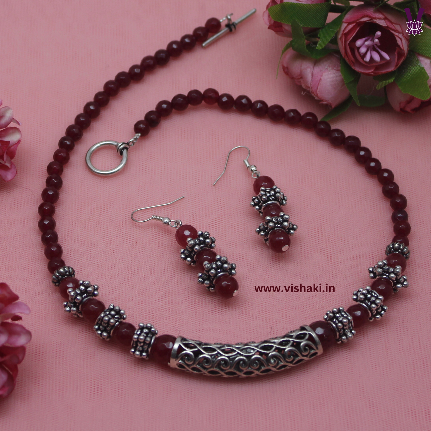 Mrudhvi Ruby Color Agate Short Necklace Set