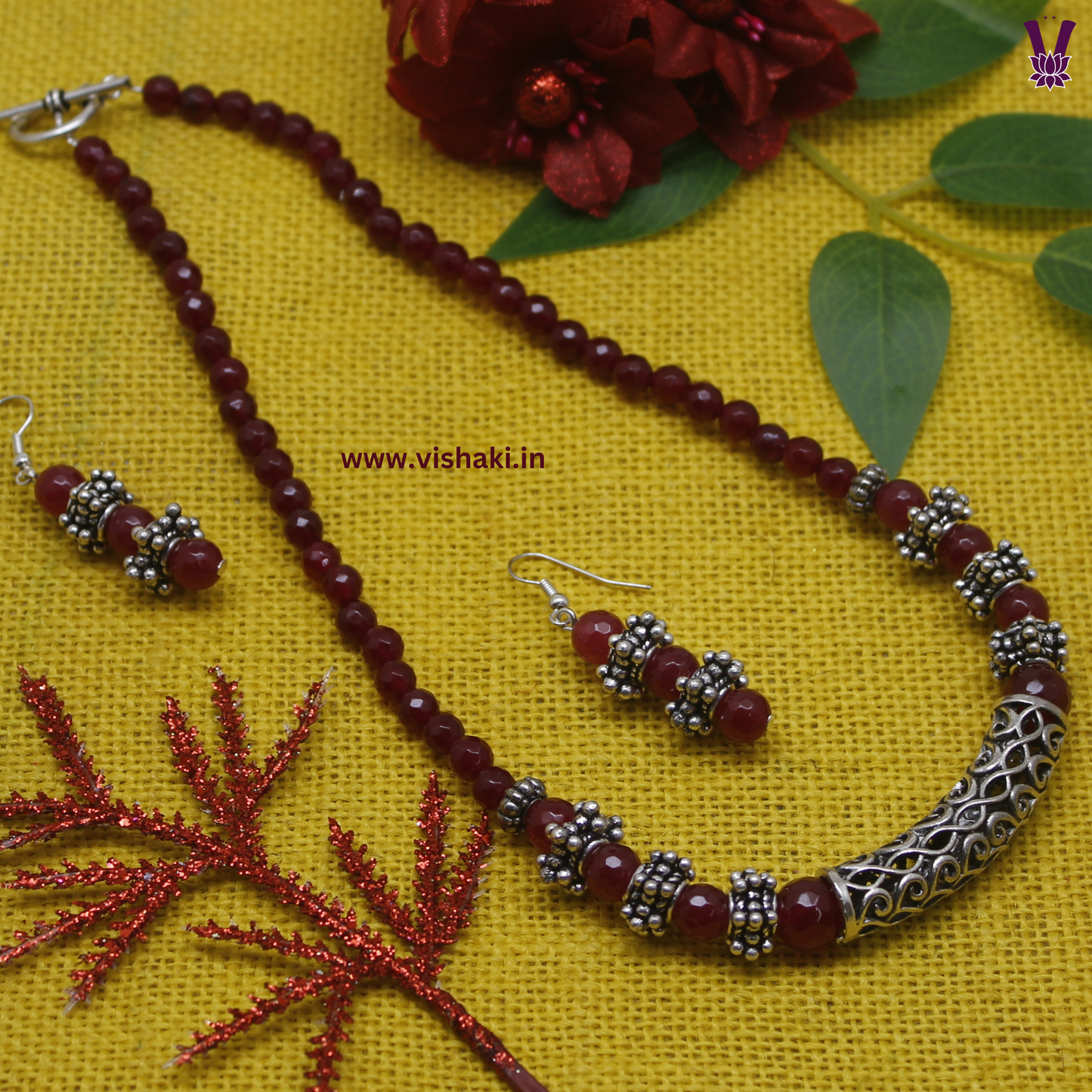 Mrudhvi Ruby Color Agate Short Necklace Set
