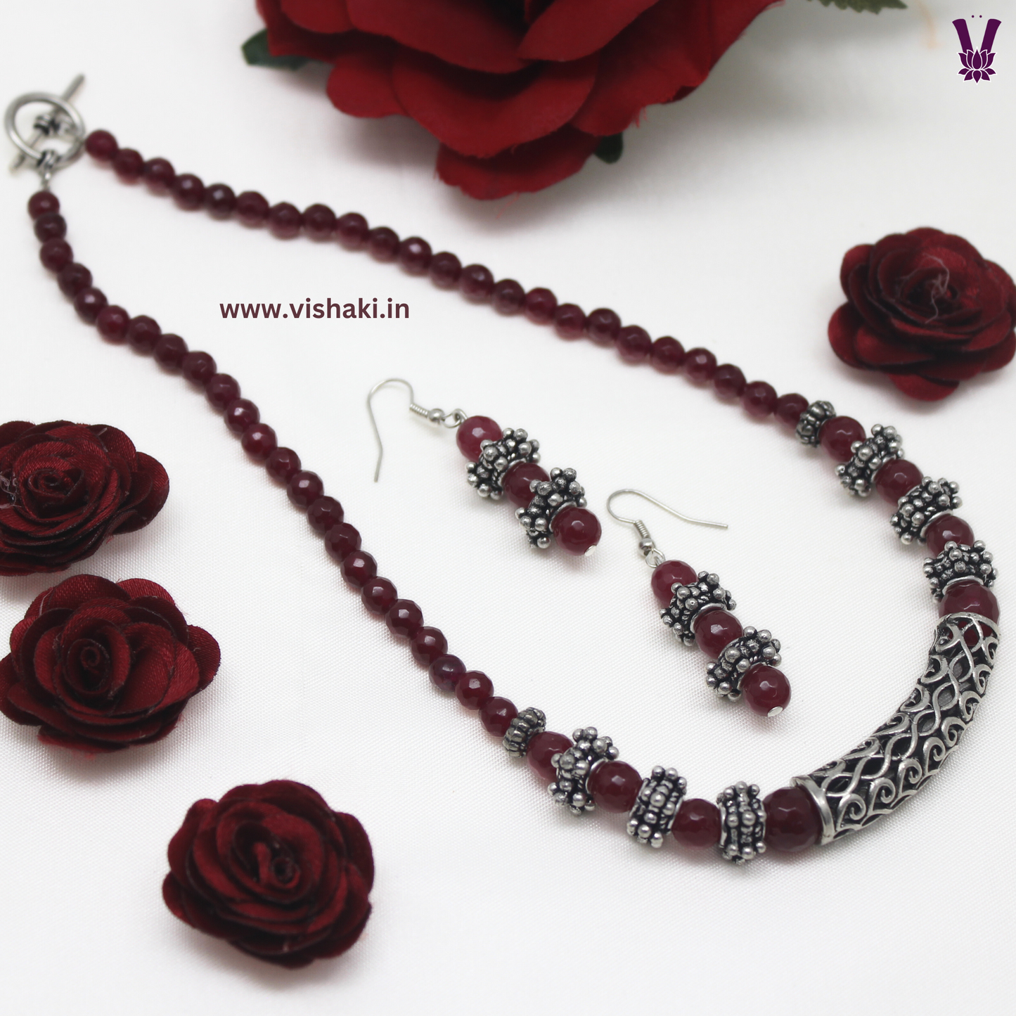Mrudhvi Ruby Color Agate Short Necklace Set