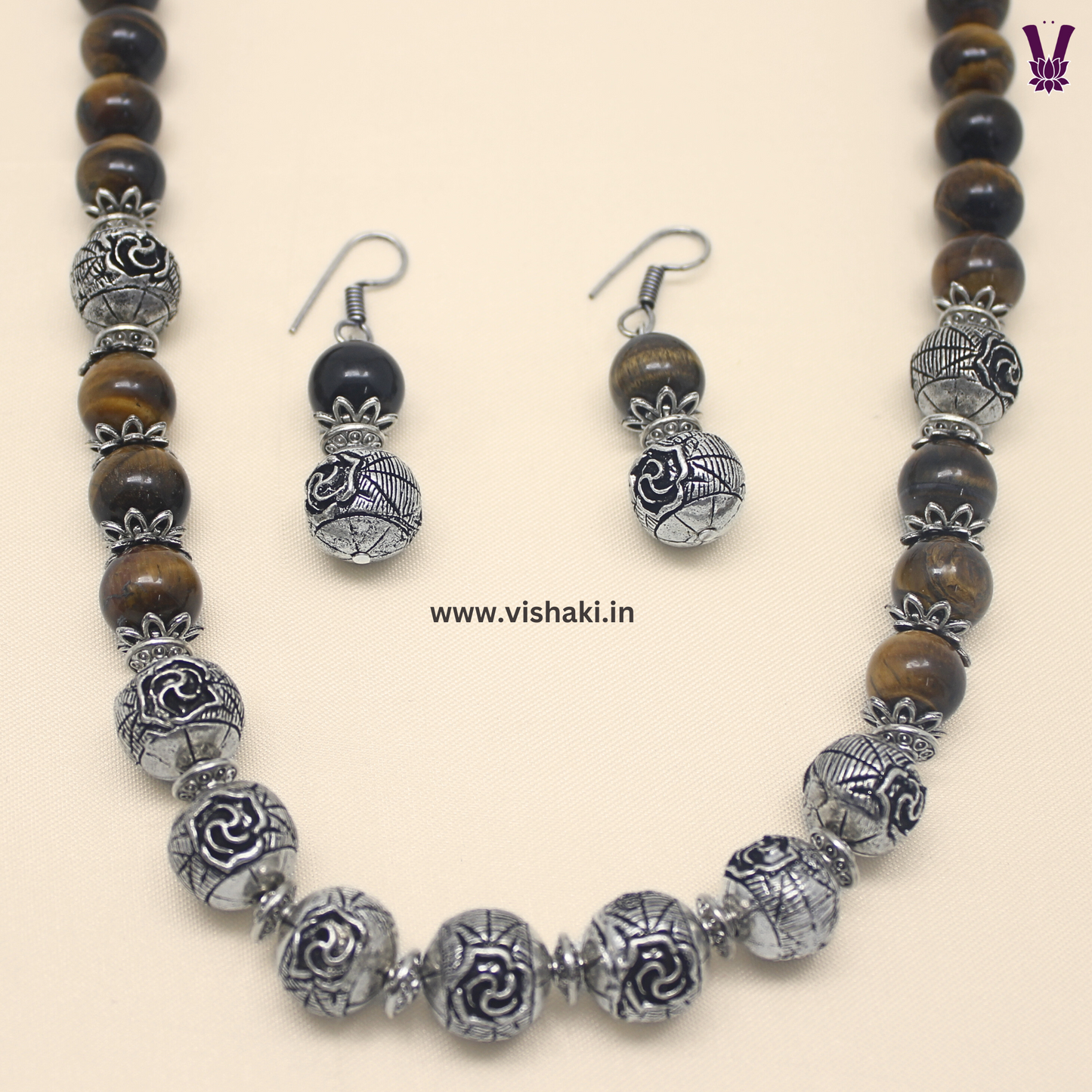 Mrudhvi Tiger Eye Beads Short Necklace Set