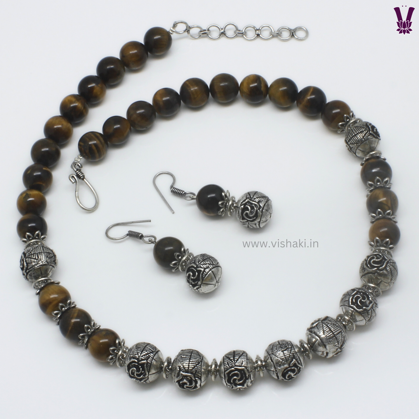 Mrudhvi Tiger Eye Beads Short Necklace Set