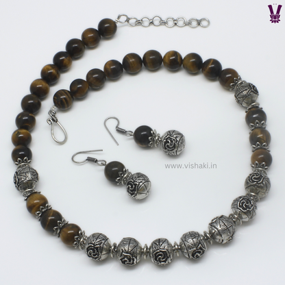 Mrudhvi Tiger Eye Beads Short Necklace Set