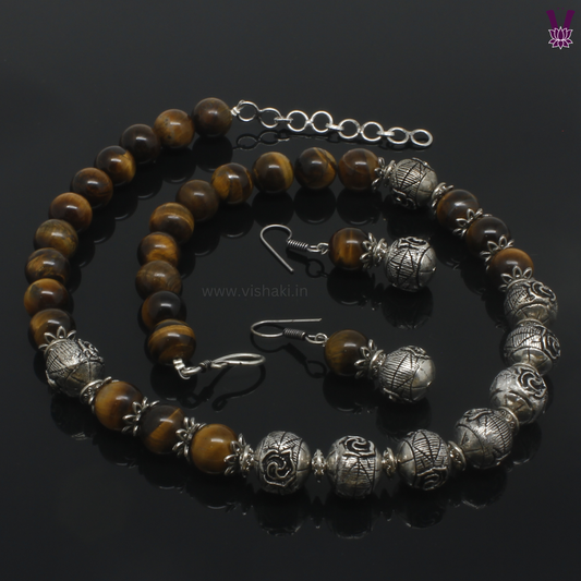 Mrudhvi Tiger Eye Beads Short Necklace Set