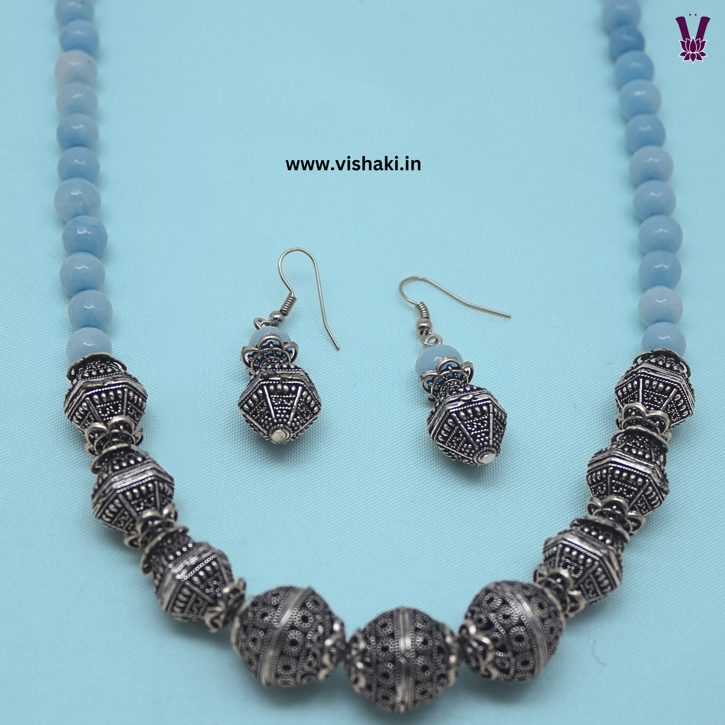 Mrudhvi Sky Blue Agate Short Necklace Set