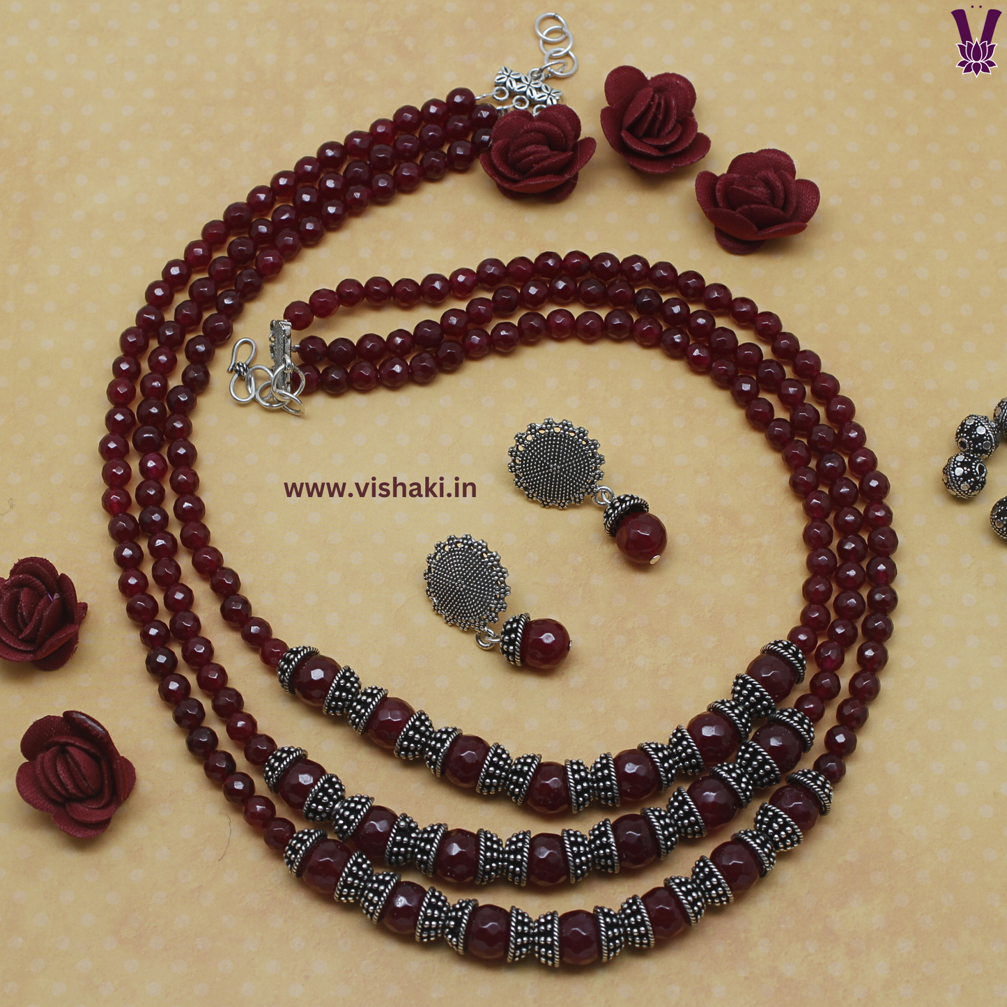 Mrudhvi Ruby Agate 3 Layered Long Necklace Set