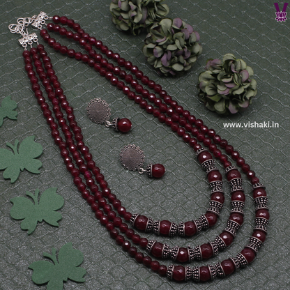 Mrudhvi Ruby Agate 3 Layered Long Necklace Set