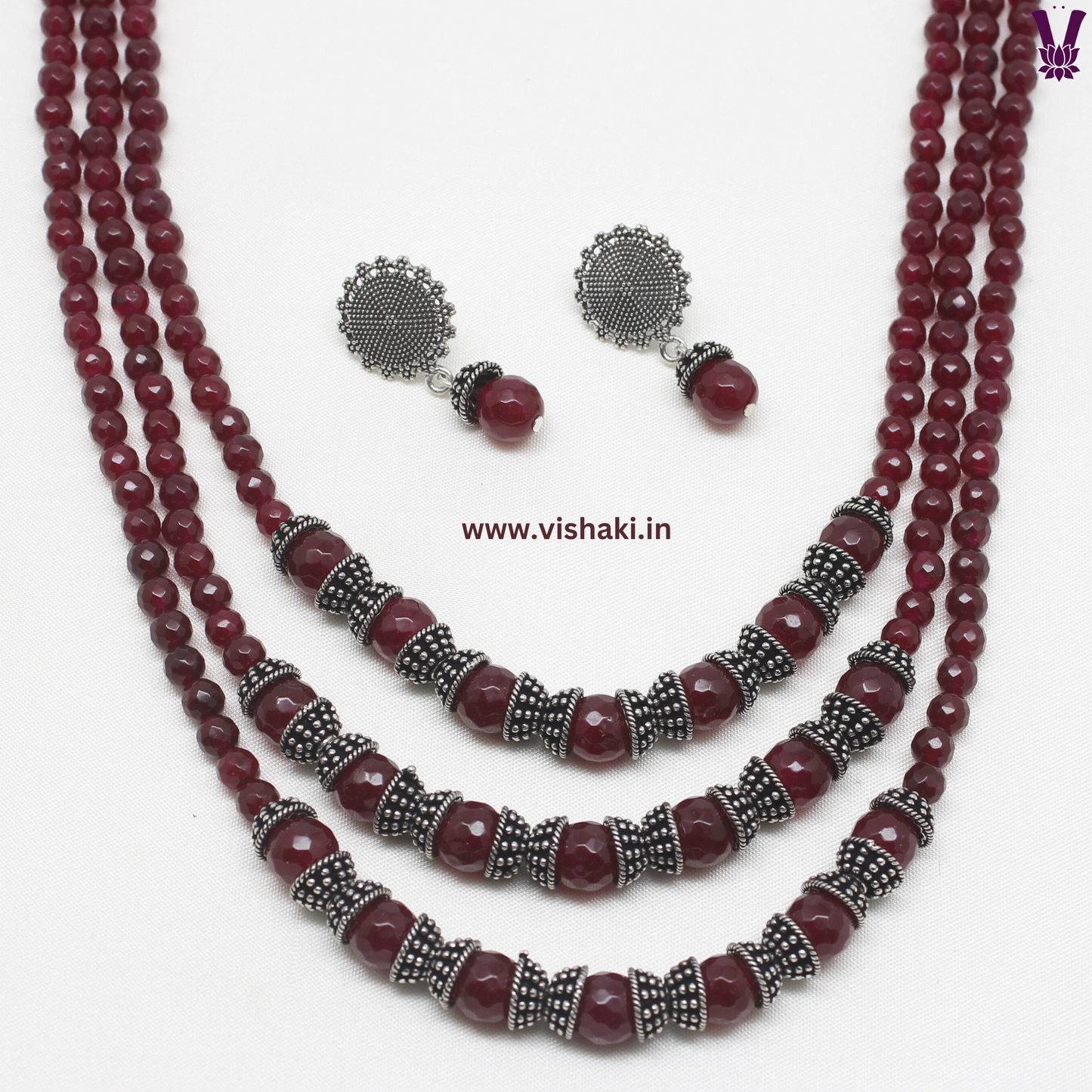 Mrudhvi Ruby Agate 3 Layered Long Necklace Set
