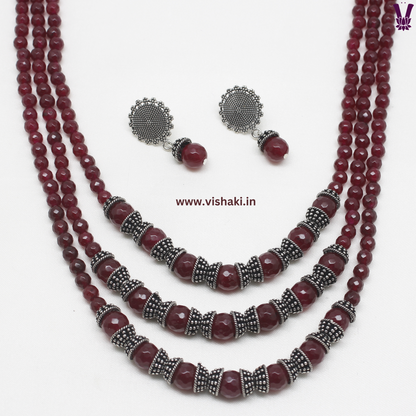 Mrudhvi Ruby Agate 3 Layered Long Necklace Set