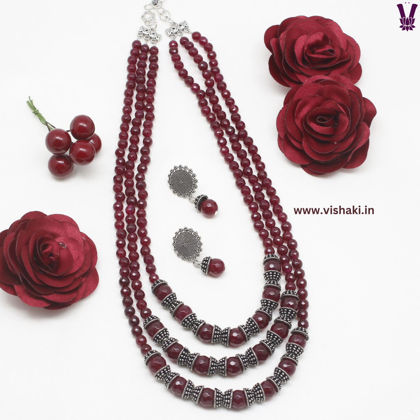 Mrudhvi Ruby Agate 3 Layered Long Necklace Set