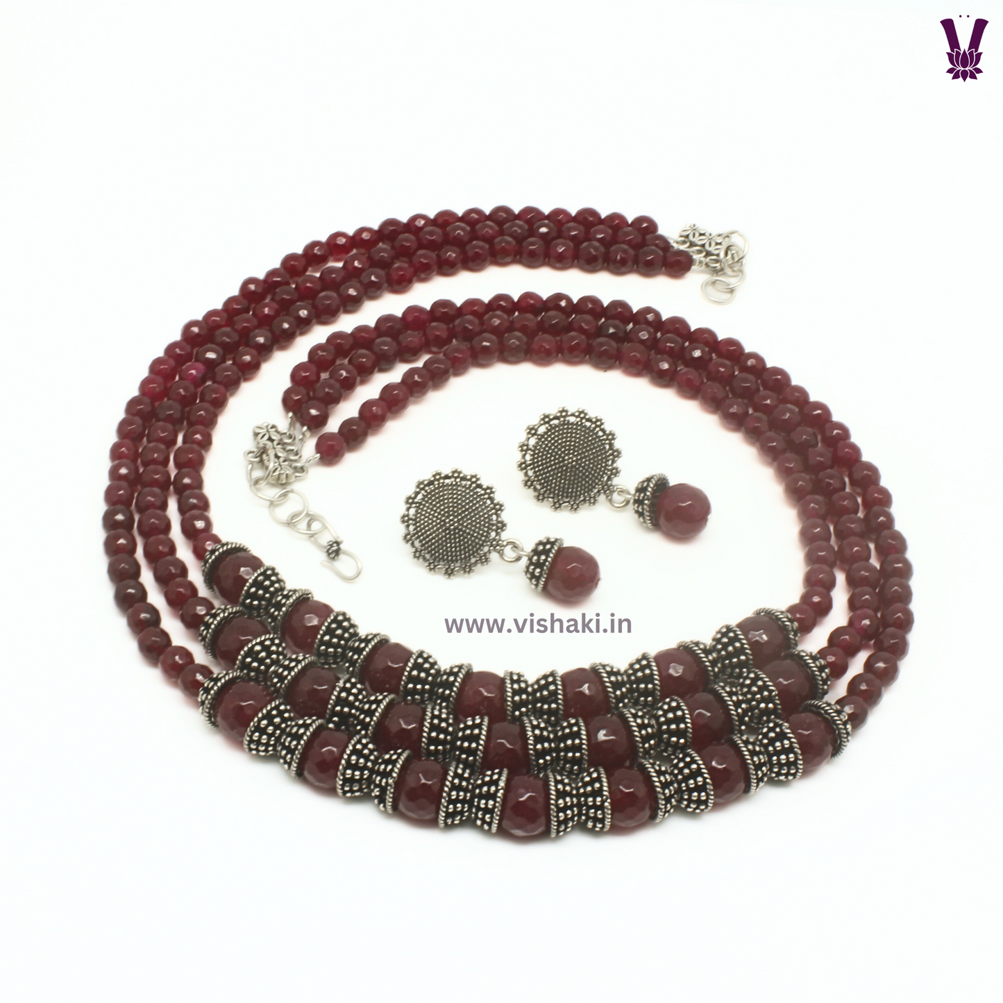 Mrudhvi Ruby Agate 3 Layered Long Necklace Set