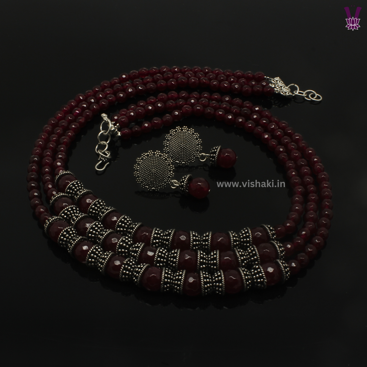 Mrudhvi Ruby Agate 3 Layered Long Necklace Set