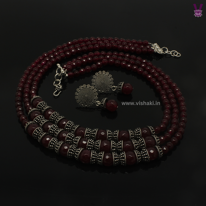 Mrudhvi Ruby Agate 3 Layered Long Necklace Set