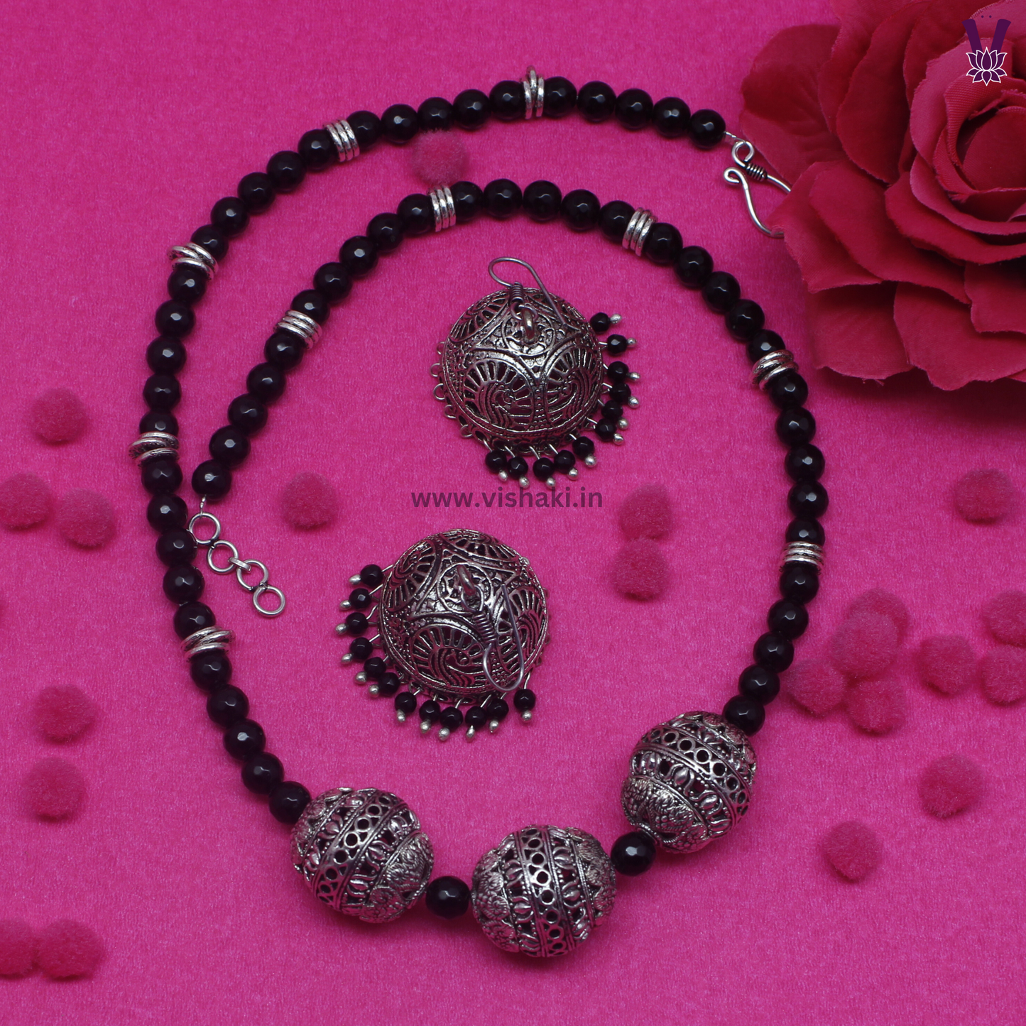 Mrudhvi Black Agate Long Necklace Set