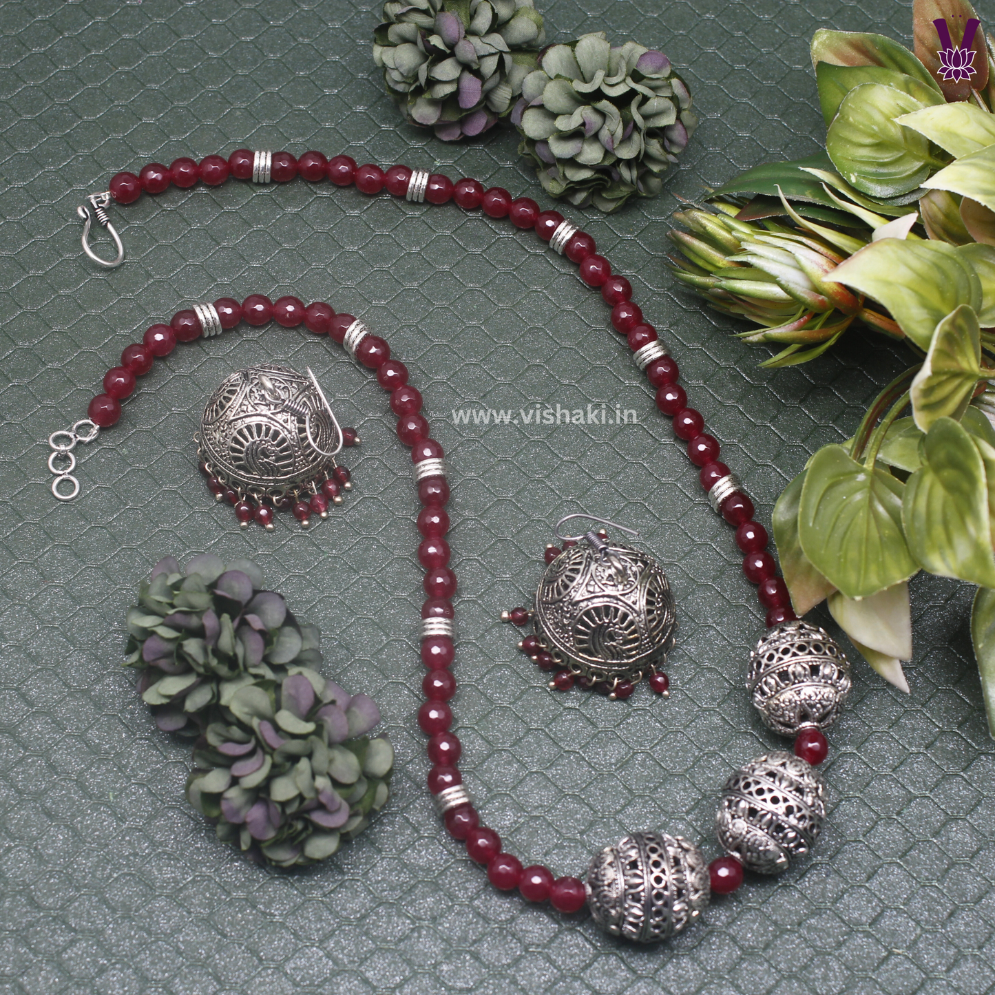 Mrudhvi Ruby Agate Long Necklace Set