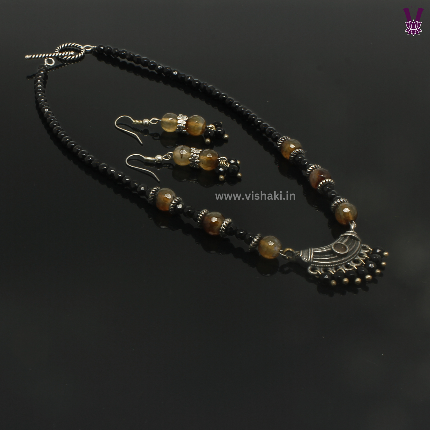 Mrudhvi Black and Brown Agate Choker Necklace Set